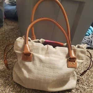 Larger Kate Spade purse tan and pink orange exterior and blue satin interior ver